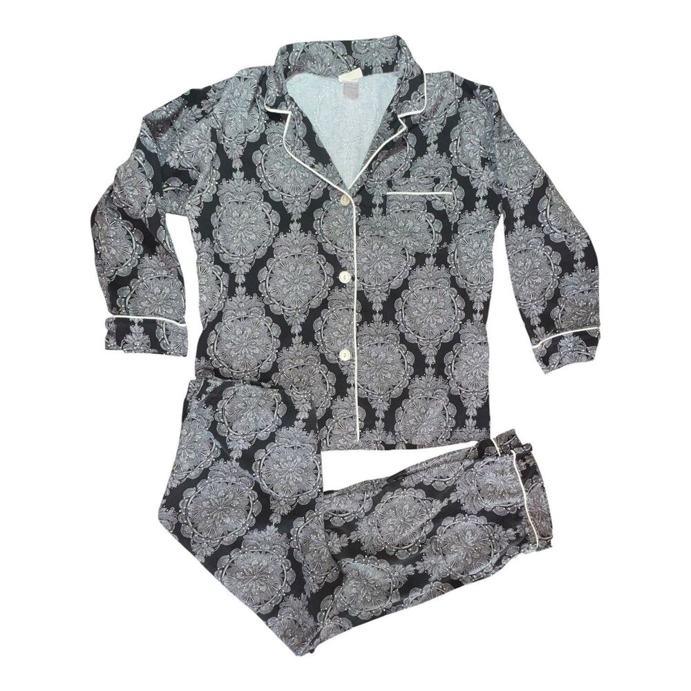 Vtg BedHead Pajama Set Size M 100% Fine Cotton Black White Paisley Loungewear